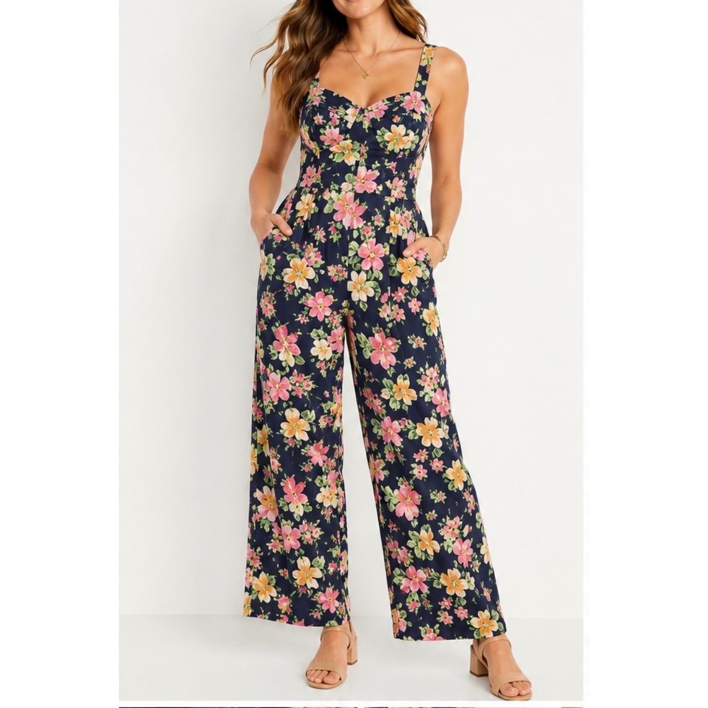 NWT Old Navy LINEN Floral Sweetheart Wide‎ Leg Jumpsuit Cottage XL 14 Resort NEW